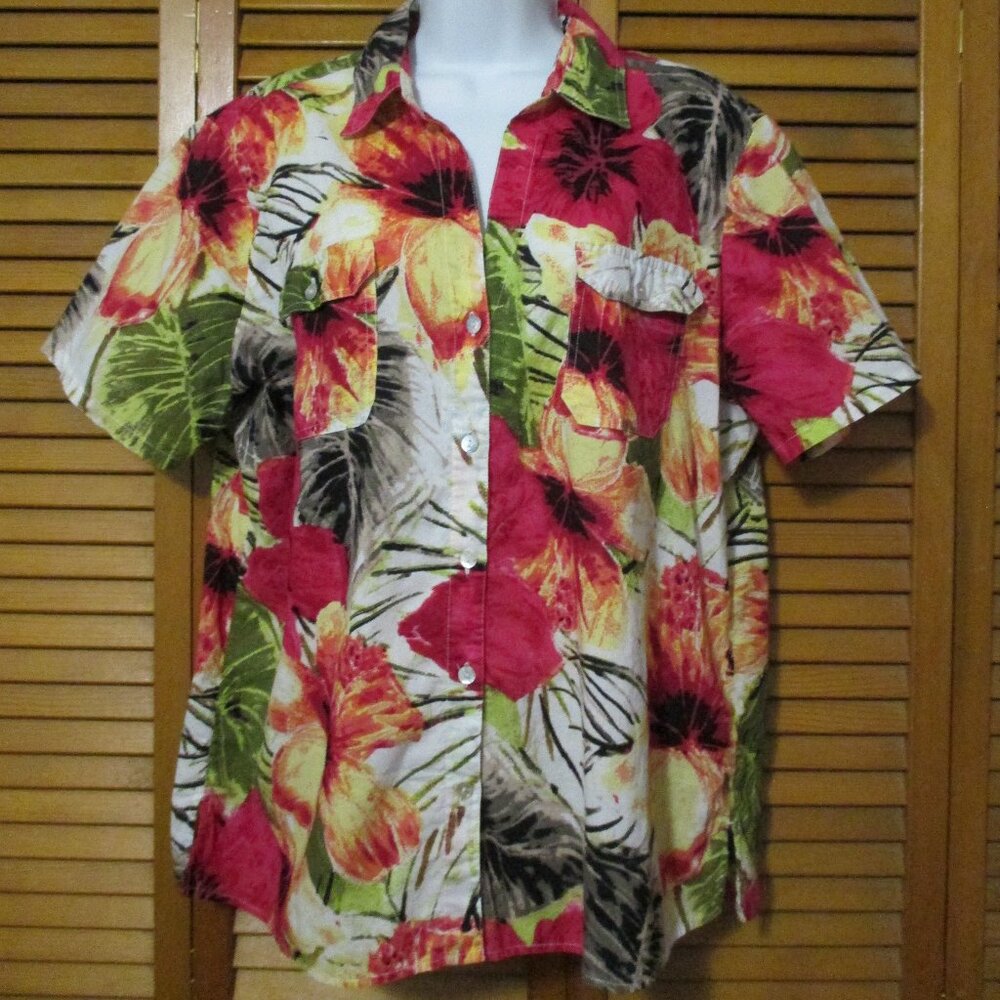 Chico's top cotton button down tropical design soft floral print size XL (3)